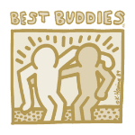 Illustration of two abstract figures embracing with the text "Best Buddies" above them.