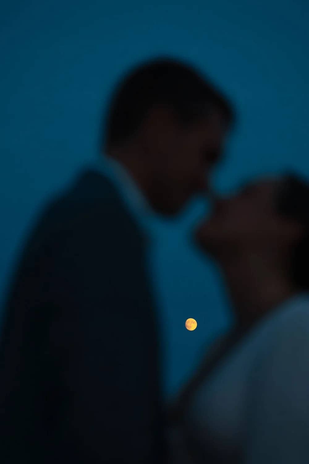A blurred silhouette of a couple kissing under a moonlit sky.
