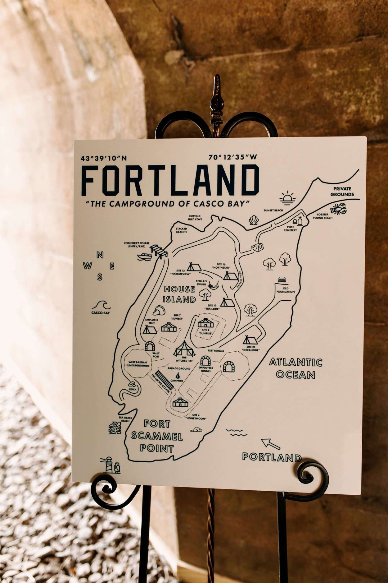 Map of Fortland, a campground in Casco Bay, highlighting key locations and features.