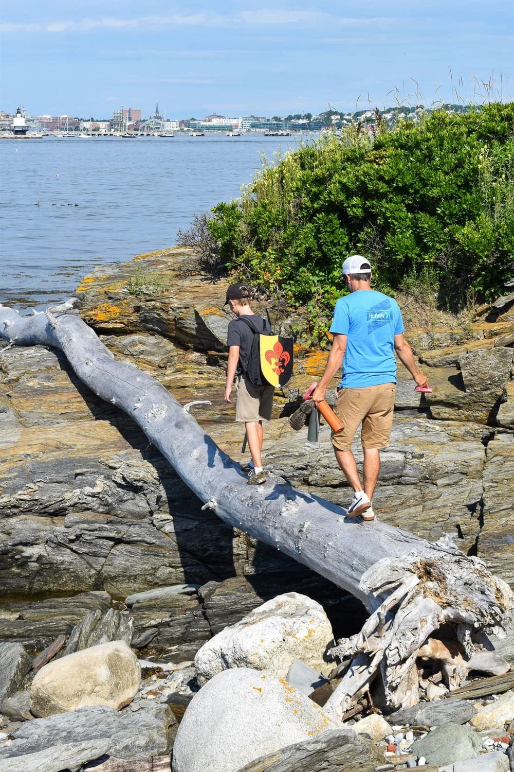 Two people walk along a fallen log beside the water, exploring rocky terrain.