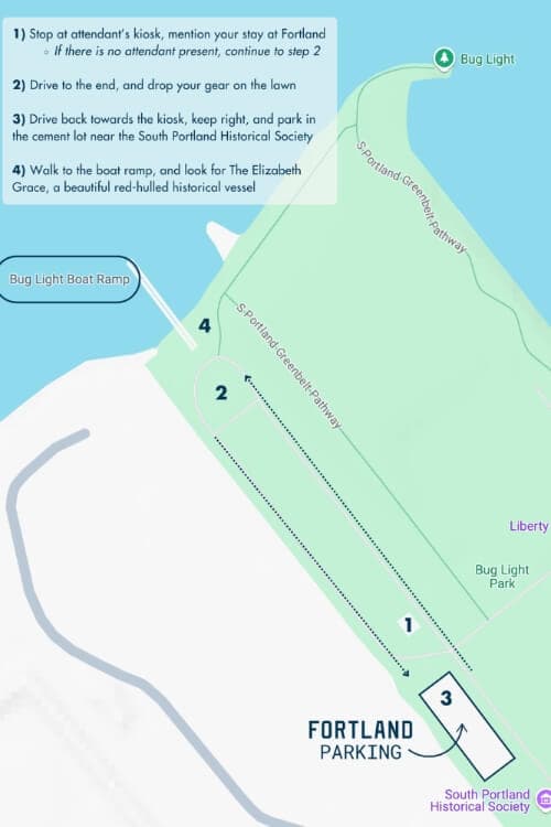 Map illustrating directions to Bug Light Boat Ramp and Fortland Parking in South Portland.